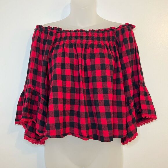 Altar’d State Red and Black Buffalo Plaid Off Shoulder Top Size Small - Picture 1 of 8